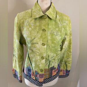 Blutique eclectic art to wear jacket green embroidered checkered palm tree city